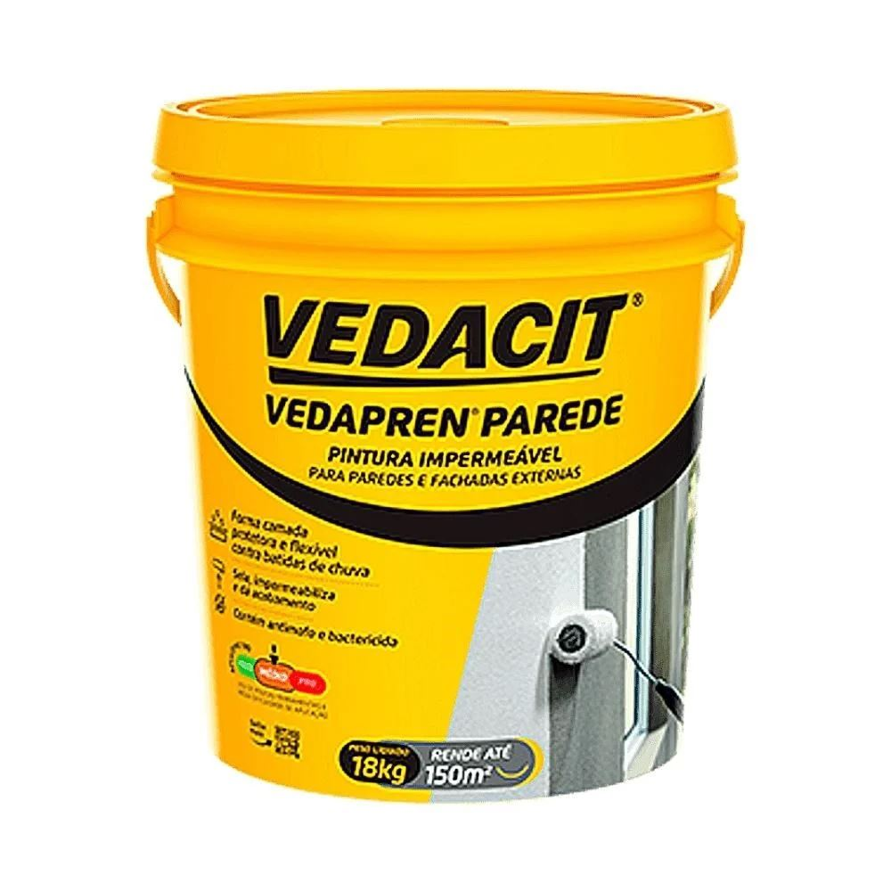 Embalagem de VEDACIT Vedapren Parede (pintura impermeável) para paredes e fachadas externas. O artigo explica qual o melhor impermeabilizante para parede interna e externa e como aplicá-los. Embalagem de VEDACIT Vedapren Parede (pintura impermeável) para paredes e fachadas externas. O artigo explica qual o melhor impermeabilizante para parede interna e externa e como aplicá-los.