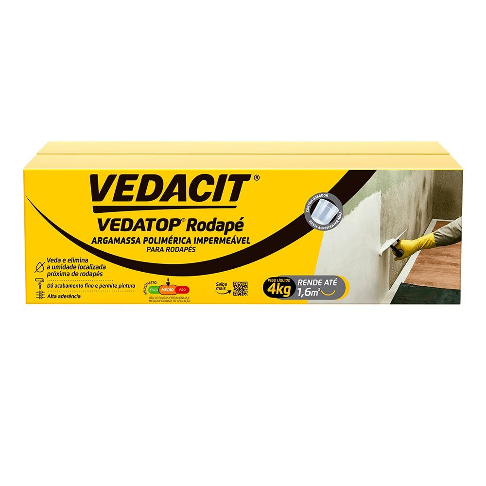Embalagem de VEDACIT Vedatop Rodapé (Argamassa Polimérica Impermeável) para rodapés. O produto veda e elimina umidade localizada e permite acabamento fino. Ideal para quem busca o melhor impermeabilizante para parede interna em promoção. Embalagem de VEDACIT Vedatop Rodapé (Argamassa Polimérica Impermeável) para rodapés. O produto veda e elimina umidade localizada e permite acabamento fino. Ideal para quem busca o melhor impermeabilizante para parede interna em promoção.